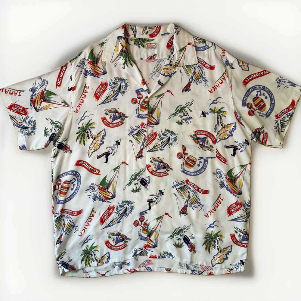 Vintage 50s Jamaica Novelty Shirt XL Multicolor Loop Collar Short Sleeve